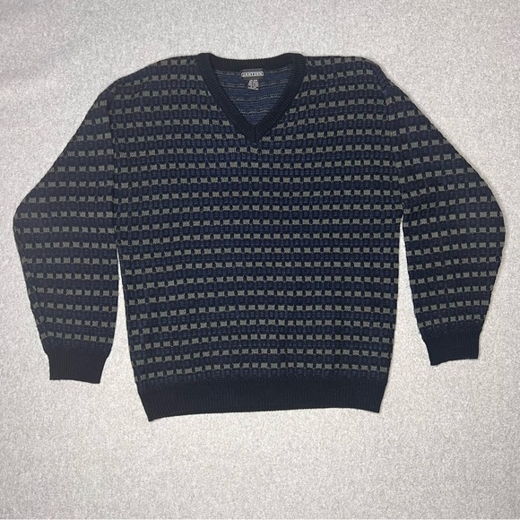 Vintage Jantzen Sweater Mens XXL V Neck Acrylic Pullover Blue Checkered Grandpa - Picture 2 of 10